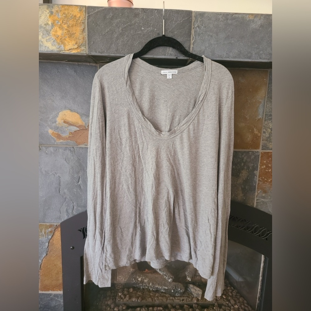 James Perse Heather Grey Relaxed Fit V Neck Cotton Long Sleeve T Shirt size 4/XL
